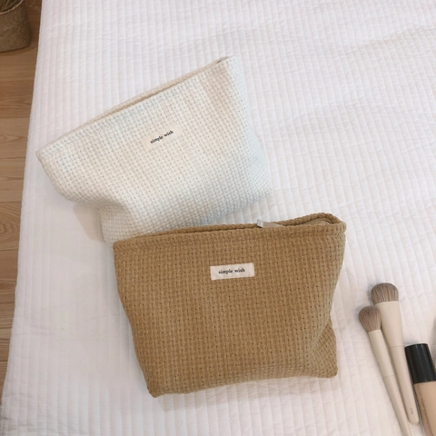 Vintage Woven Plaid Makeup Bag For Women Minimalist Coarse Spun Fabric Clutch Large Capacity Travel Cosmetic Storage Bag