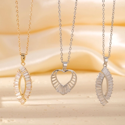 Kupfer Anhänger Halskette Hohles Herz Marquise Blatt Form Baguette Zirkonia Minimalistischer Luxus Schmuck Für Frauen