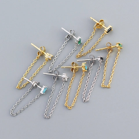 Pendientes De Cadena Con Borlas De Circonita Cúbica Rectangular Con Poste De Plata De Ley 925 Joyería Minimalista Mujer