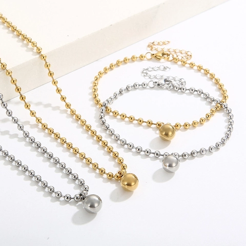 Stainless Steel Jewelry 18K Gold Plated Hollow Ball Pendant Necklace And Bracelet Bead Chain Fashion For Women