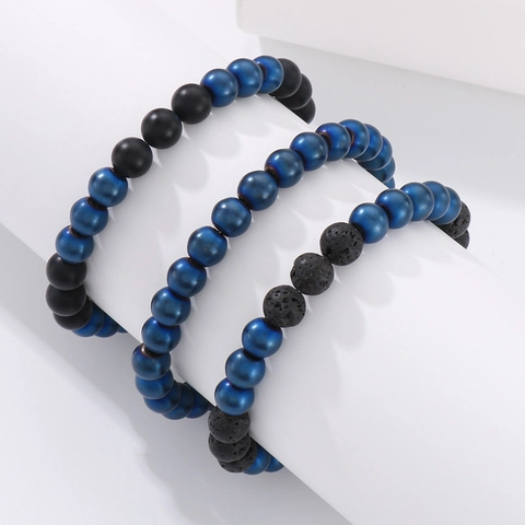 Bracciale Con Perline In Pietra Naturale Agata Ematite Pietra Lavica Fatto A Mano Elastico Unisex