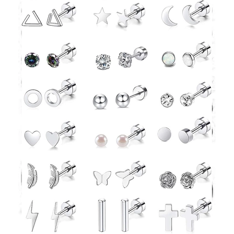 Stainless Steel Piercing Stud Earrings Set For Women Men Flower Heart Star Moon Butterfly Rhinestone Artificial Pearl Jewelry