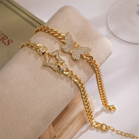 Women Fashion Gold Plated Brass Cuban Link Bracelet With Zircon Butterfly Heart Star Pendants Hip Hop Style Jewelry