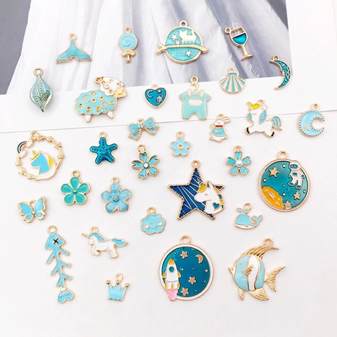 Lake Blue Alloy Enamel Pendants DIY Jewelry Accessories Cartoon Unicorn Mermaid Starfish Charms For Necklace Bracelet Making