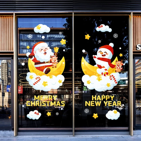 Christmas Window Stickers Static Cling PVC Removable Cartoon Santa Claus Reindeer Snowman Holiday Home Glass Decoration