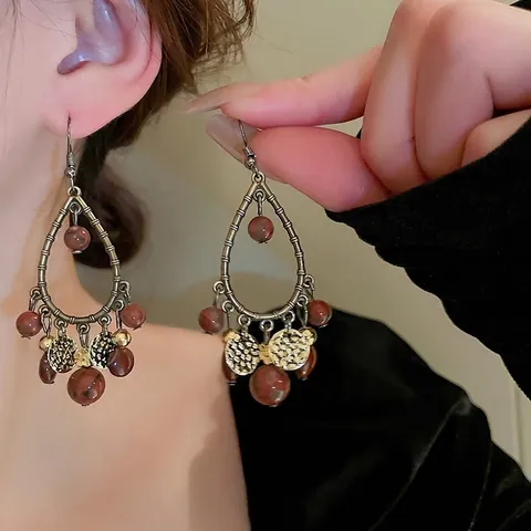 Boucles D'oreilles Pendantes Rétro Bohème Alliage Bronze Antique Avec Perles De Pierre Rouge Goutte D'eau Style Ethnique Femmes