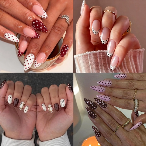 Unghie Finte Press On Stile Francese Motivo A Pois Forma Mandorla Stiletto ABS Unghie Artificiali Per Donne