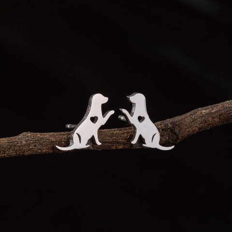 Cute Dog Stud Earrings Stainless Steel With Hollow Heart Design Simple Fashion Polished Animal Jewelry For Women Girls