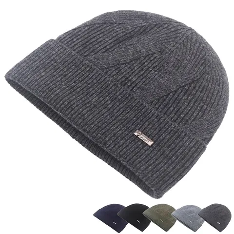 Bonnet en Tricot en Mélange de Laine Homme Hiver Chaud Coupe-vent Avec Doublure en Coton Jacquard Lignes Géométriques Sport Étiquette en Métal