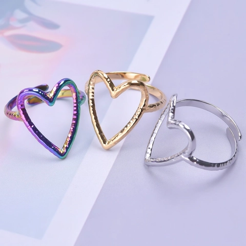 Herzförmiger Offener Ring Edelstahl Verstellbar Hammerschlag Textur Vintage Schmuck Für Damen Herren Gold Silber Regenbogen
