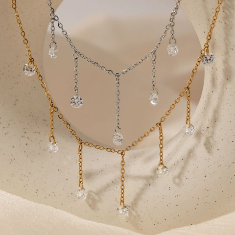 Minimalist Stainless Steel Zircon Tassel Necklace Delicate Waterproof Dangle Drop Jewelry For Women Elegant Accessory