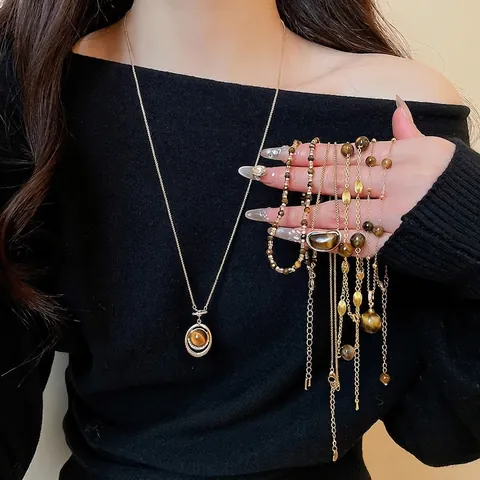 Collier Pendentif Pierre Oeil De Tigre Vintage Cuivre Plaqué Or Longue Chaîne Pull Bijoux Élégants Style Maillard Femmes