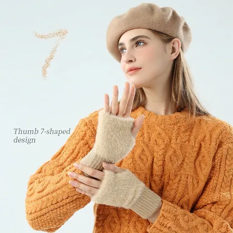 Damen Fingerlose Handschuhe Halbfinger Plüsch Kunstpelz Gestrickt Warm Winter Tippen Fäustlinge Rippstrickbündchen Mode