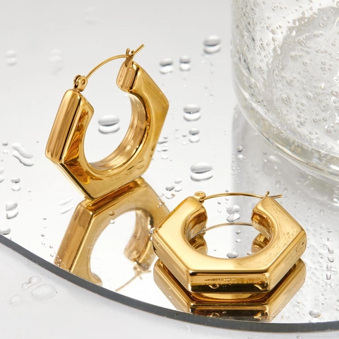 Stainless Steel Hexagon Hoop Earrings Geometric Hollow Design Minimalist Fashion Jewelry For Women High Polish