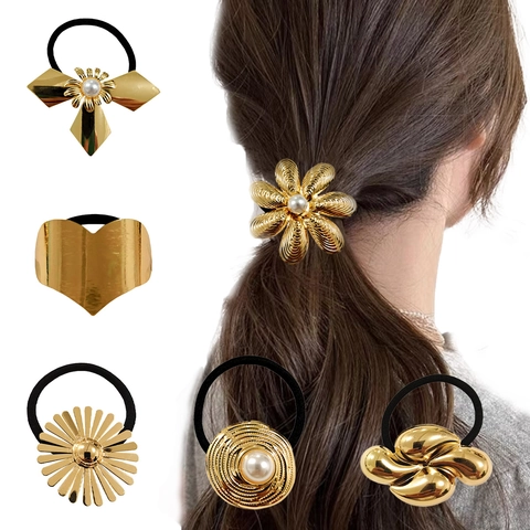Elastico Per Capelli Metallo Banda Lega Dorata Fiore Fiocco Cuore Design Geometrico Copricapo Alla Moda Per Donne