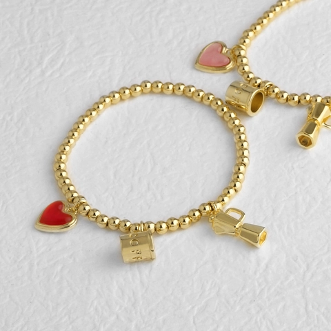 Pulsera De Cuentas Elástica Cobre Bañado En Oro 18K Corazón Esmalte Dijes Cafetera Moka Joyería