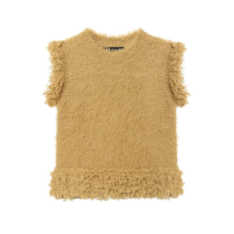 Sleeveless Knitted Top Faux Fur Sweater Vest Round Neck Fluffy Ruffle Hem Solid Color Elegant For Women