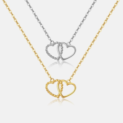 S925 Sterlingsilber Ineinandergreifende Doppelherz Halskette Damen Minimalistisch Perlen Glattes Herz Schlüsselbeinkette Schmuck Geschenk