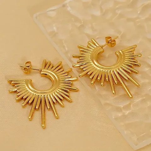 Radiating Sunburst Stud Earrings Stainless Steel 18K Gold Plated Geometric Irregular Retro INS Style Fashion Jewelry For Women