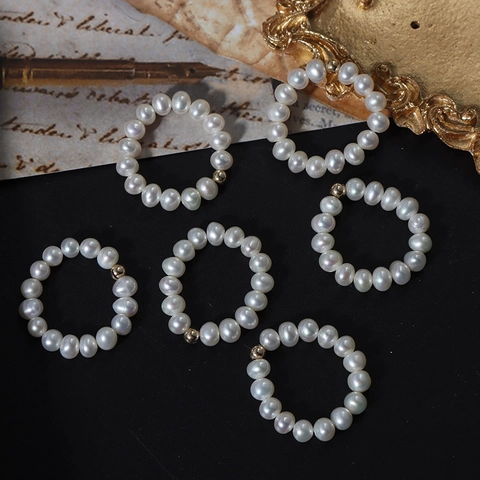 Handmade Beaded Finger Ring With Natural Freshwater Pearls And 14K Gold Filled Bead Elastic Stretch Minimalist For Women
