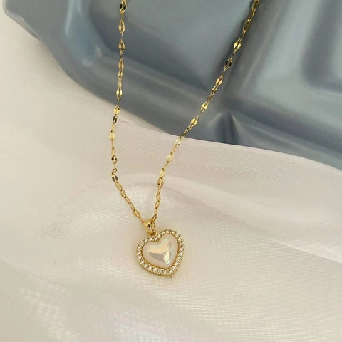 Hart Hanger Ketting Verguld Roestvrij Staal Schelp Zirconia Koreaanse Stijl Elegante Sieraden Voor Dames