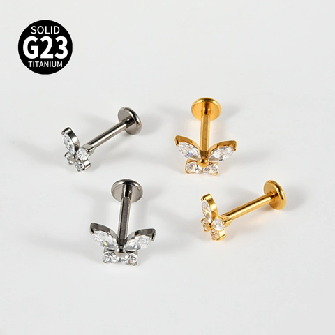 Gioiello Piercing Labret Farfalla Titanio G23 Con Zirconia Marquise Filettatura Interna Tragus Helix Orecchino