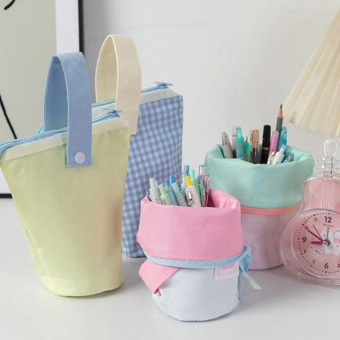 Large Capacity Standing Pencil Case Canvas Portable Pen Bag Aesthetic Foldable Desktop Pen Holder Korean Style Students