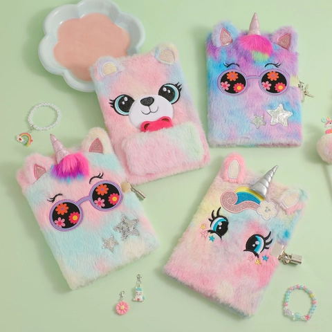 Kids Cartoon Big Eye Unicorn Plush Notebook With Lock Cute Diary For Students Girls Tie-Dye Furry Secret Handbook Journal Gift