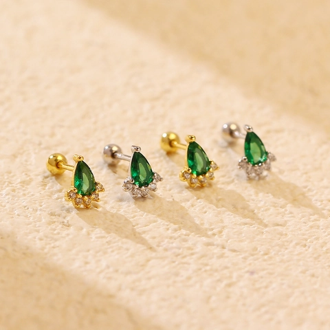 925 Sterling Silver Green Waterdrop Rhinestone Stud Earrings Light Luxury Emerald Look Screw Back Ear Bone Jewelry For Women