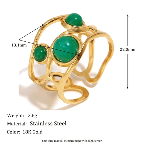 Verstellbarer Offener Ring Hohl Geometrisch Grüner Stein Vergoldeter Edelstahl Künstlerischer Retro Mode Schmuck Für Damen