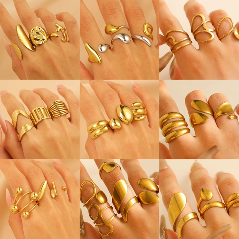 Stainless Steel Ring For Women 18K Gold Plated Two Tone Irregular Molten Geometric Minimalist Adjustable Open Style