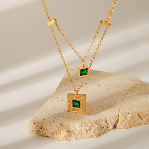 Double Layer Necklace Titanium Steel With Emerald Green Square Zircon Geometric Vintage Style For Women