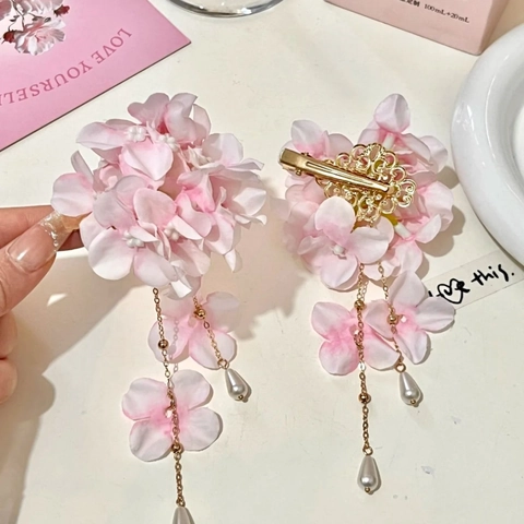Molletta Per Capelli Fiore In Tessuto Con Nappina E Perla Artificial Imitazione Goccia D'acqua Elegante Dolce Rosa Per Donne