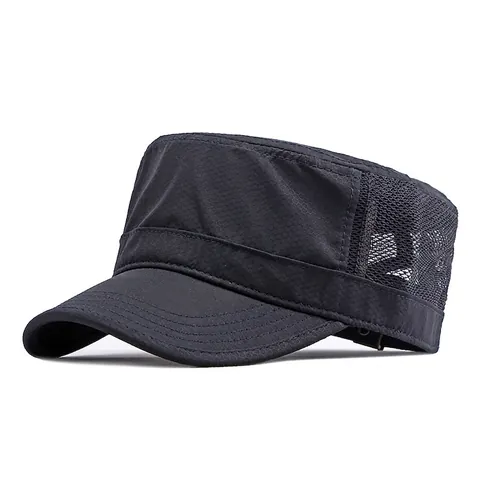 Unisex Mesh Breathable Cadet Cap Sun Protection Quick Dry Adjustable Retro Flat Top Military Hat Outdoor Casual Trucker Hat