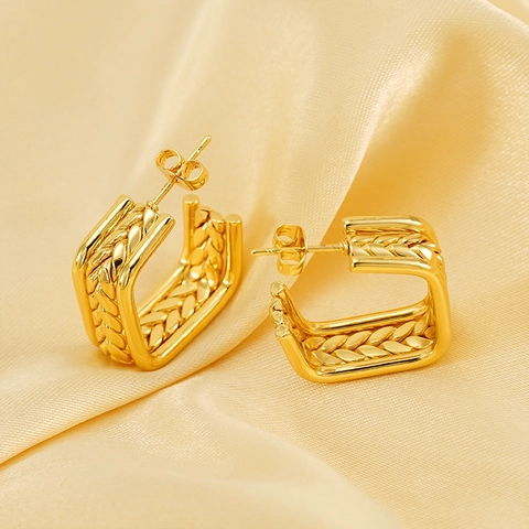 Edelstahl Creolen 18K Vergoldet Geflochtene Weizentextur Herz Quadrat Rund Geometrisch Damen Retro Elegant