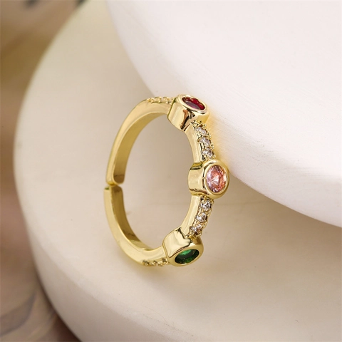 Anello Aperto In Rame Geometrico Placcato Oro Zirconia Cubica Colorata Regolabile Gioielli Da Dito Minimalisti Regalo Per Donne