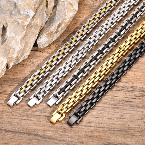 Stainless Steel Watchband Link Bracelet For Men Simple Polished Wide Metal Chain Jewelry Workplace Business Gift