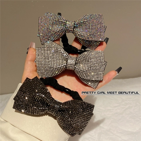 Sparkly Rhinestone Bowknot Hair Accessories Full Crystal Bow Hair Clips And Elastic Ties For Women Elegant Decoration