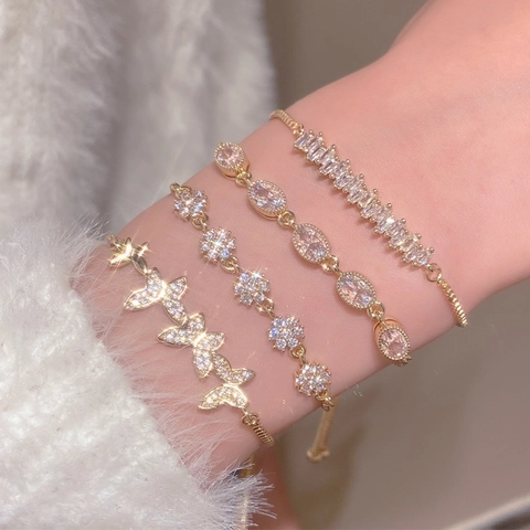 Elegant Zircon Butterfly Flower Copper Slider Bracelet Adjustable Gold Plated Dainty Jewelry For Women Gift