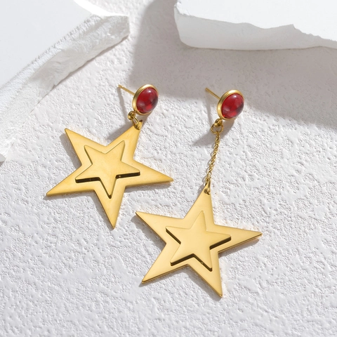 Asymmetric Stainless Steel Star Drop Earrings With Red Rhinestone For Women Gold Plated Geometric Dangle Earrings Jewelry