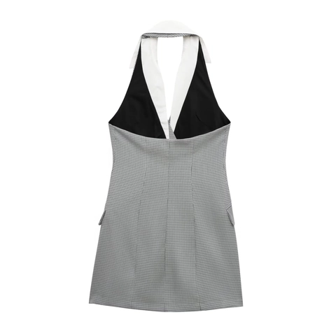 Vestito Mini Halter Donna Pied De Poule Quadri Stile Blazer Doppio Petto Senza Maniche Giunzione Elegante Colletto Bianco