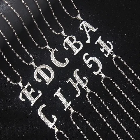Initial Letter Pendant Necklace Alloy Rhinestone Jewelry With Stainless Steel Chain Hip Hop Style For Men Women