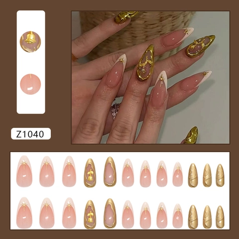 Nude Roze Amandel Kunstnagels Met 3D Gouden Roos Ster Patroon Glinsterend Elegant Afneembaar
