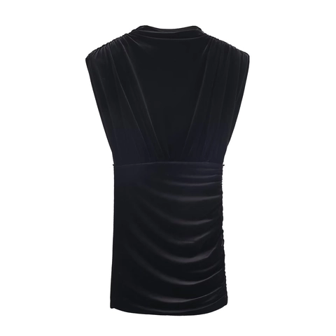 Velvet Sleeveless Ruched Bodycon Mini Dress Black Solid Color Elegant Party Clubwear Women
