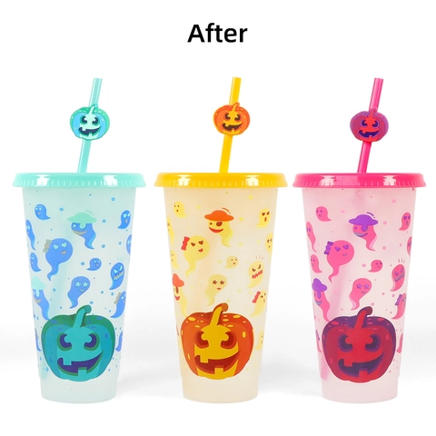 Gobelet en Plastique Changeant de Couleur d'Halloween Avec Paille Et Couvercle de Citrouille Tasse Froide Réutilisable