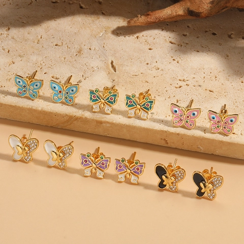 Butterfly Stud Earrings Copper Colorful Zircon Enamel Asymmetric Animal Shape French Vintage Jewelry For Women