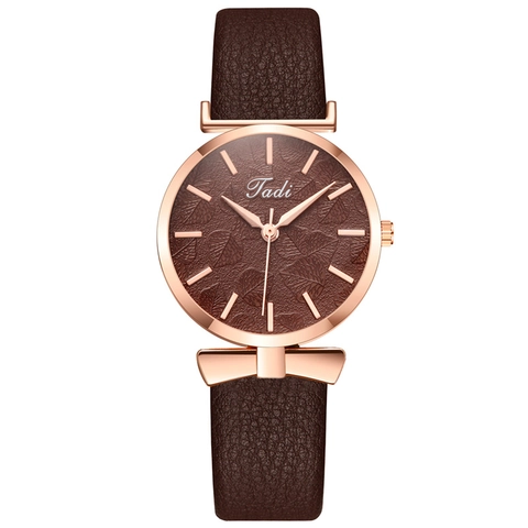 Women Quartz Watch Alloy Case Faux Leather Strap Leaf Pattern Dial Bowknot Decoration Fashion Casual Elegant Wristwatch
