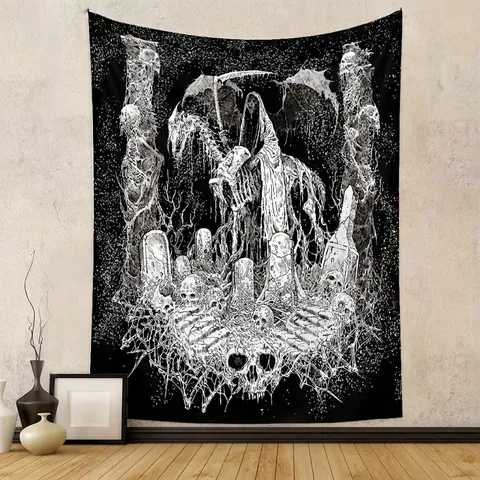 Tapiz Gótico Segador Poliéster Tapiz De Pared Arte Oscuro Calavera Cementerio Caballo Esqueleto Negro Blanco Decoración Habitación