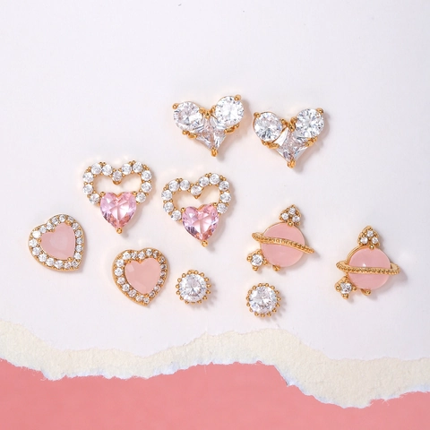 Heart Planet Star Earrings With Pink Zircon 18K Gold Plated Brass And 925 Sterling Silver Earring Post For Women