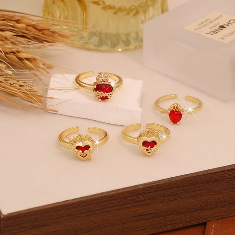 Sacred Heart Adjustable Ring Copper Gold Plated Red Heart Glass Gemstone Crown Vintage Gothic Fashion Jewelry For Women